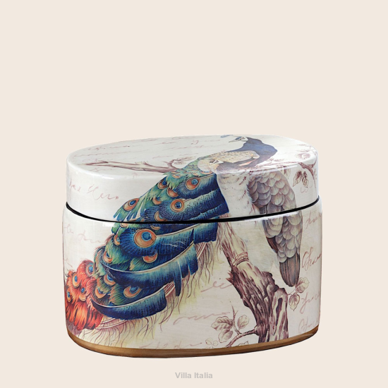 Pojemnik ceramiczny dekorowny owalny paw wysokość 13 cm SAGO