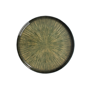 Talerzyk deserowy zielony ze złotymi promieniami, wykonany ze szkła,  malowany ręcznie