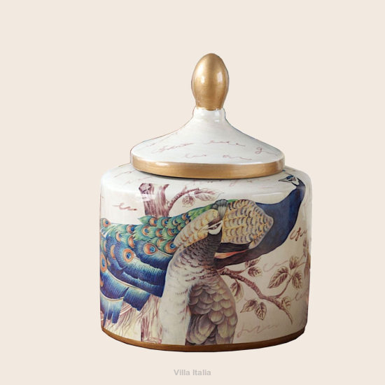 Pojemnik ceramiczny dekorowany owalny  paw wysokość 21 cm SAGO  