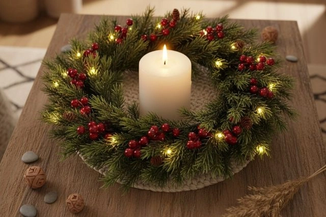 Wianek bożonarodzeniowy ze sztucznych gałązek Wianek na stoliku kawowym